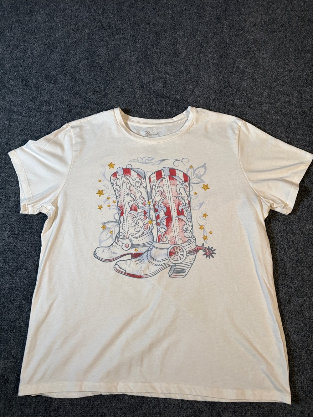 Fleurish Women’s White Tee Cowboy Boots and Sparkly Gold Stars Graphic Tee